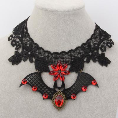 China Fashion Neo-Gothic Women Jewelry Necklace Vintage Strap Black Lace Macrame Macrame Choker Delicate Necklace Set Bat Pendant Accessories For Party for sale