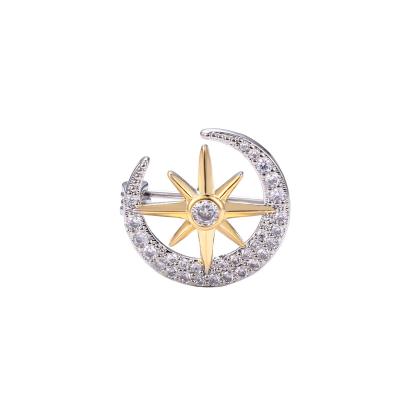 China Small Women's Star And Moon Brooch Anti-light Brass V-neck Small Dress Small Zircon Luxury Safety Pin Collar Fixed Buckle Wholesale for sale