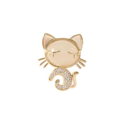 China High-end decoration pin high-end opal cute creative white copper brooch pin zircon kitten costume anti-glare collar pin for sale