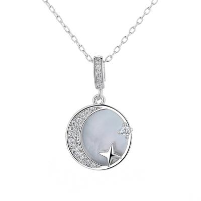 China Ladies Simple Shell Cubic Zirconia Star Moon Necklace Fashion Pop Moon and Star Around Charm Pendant Necklace for sale