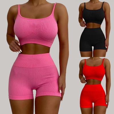 China Hot Sale QUICK DRY Custom Solid Color Ladies Sport Wear Slip Cropped Letter Tag Rib Summer Women Two Piece Shorts Set for sale