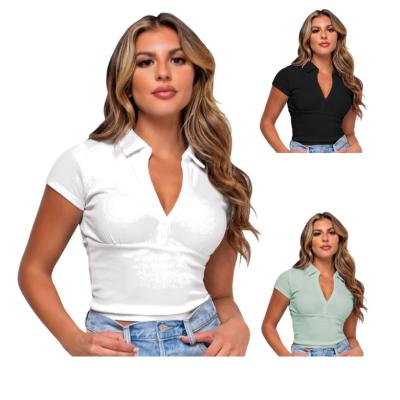 China Solid Color Breathable Summer New Arrival Fashion Crop Polo Short Sleeve Tight Fit V Neck Threaded Logo Women Polo Tshirt Custom Made for sale