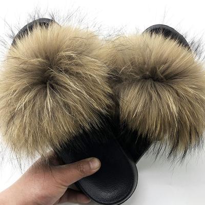 China Fashion Wholesale Women's Fox Fur Slippers Indoor Flat Warm Furry Slippers Outside Girls Plush Sandals Women Slides Flip Flops Big Size for sale