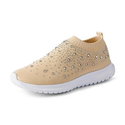 China Fashion Trend Flying Woven Flat Sneakers Ladies Breathable Crystal Mesh Sports Shoes Air Women Lightweight Walking Shoes for sale