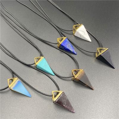 China High Quality Vintage Natural Energy Gemstone Healing Agate Amethyst Chakra Meditation Pendulum Pyramid Pyramid Four-sided Cone Pendant Necklace for sale