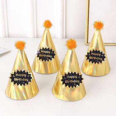 China Paper Card Birthday Decorations Set Party Supplies Card Birthday Hat Party Decorations 18cm Gold Plush Ball Gold Hat for sale