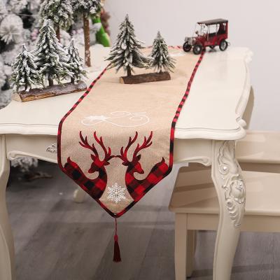 China 2021 FABRIC Christmas Decorations Embroidery Cartoon Elk Canvas Cloth Christmas Table Flag Atmosphere Is Decorated Supplies for sale