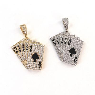 China Gold Inlaid Copper Jewelry Necklace Diamond Charm Men Chain Hiphop Hip Hop Full Necklace Poker Brand Zirconium Pendant Jewelry for sale