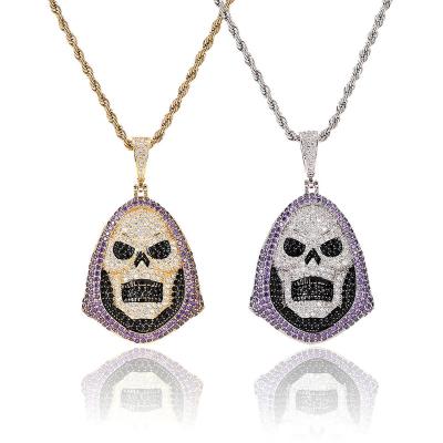 China Hiphop Death Skull Copper Zircon Personality Hiphop Mens Jewelry Fashion Brands Stainless Steel Necklace Purple Pendant Chain for sale