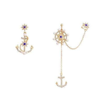 China Other Design Navy Sailor Style Crystal Rhinestone Anchor Ear Studs Cuff Earrings Jewelry S925 Irregular Silver Needle Earrings for sale