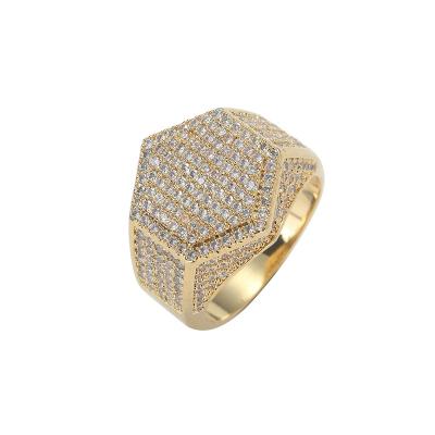 China Popular Custom Men's Hiphop Full Diamond Micro Inlaid Zircon Gold Hip Hop Hexagon Ring Cross-Border Hip Hop Ring for sale