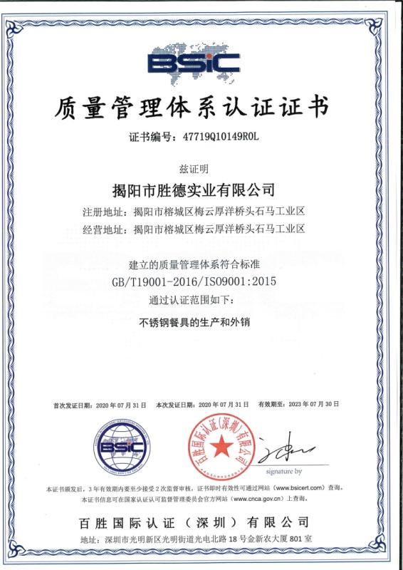 ISO9001 - Jieyang Shengde Industrial Co., Ltd.