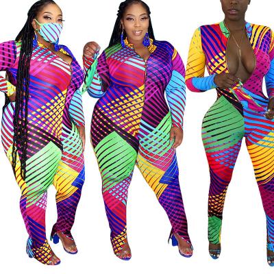 China 2022 Plus Size Women Plus Size Casual Geometric Fashion Slim Fit Zipper Printing Clothing Plus Size Women's Overalls for sale