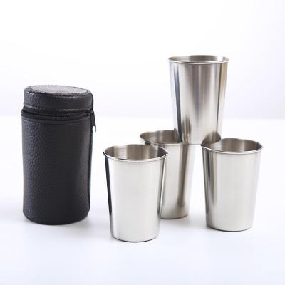 China Spirit Shot Glass With Black Leather Custom Logo Mini Travel Drinks Cups Stainless Steel Portable Cheap Silver Wine Shot Glass Set for sale