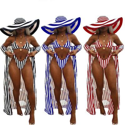 China 2022 Breathable Hot Selling Mesh Stripe High Waist 3 Pieces Cover Up Swimwear Swimsuit for sale