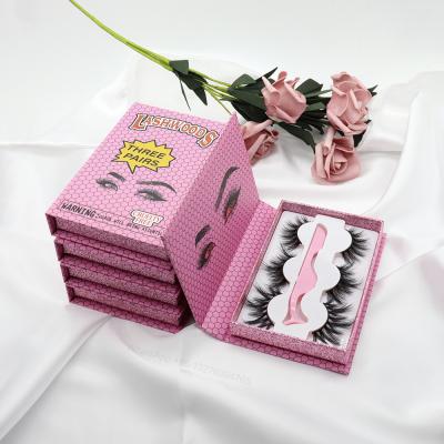 China LASHWOODS Lash Book Free White Tray Mink Eyelash Empty Box Pink Long Natural Rectangle Three Pair Eyelash Book Customize Logo Packaging for sale