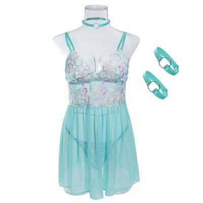 China Polyester 2024 Spring Women Sexy Lingerie Set 4 Piece Babydoll women's panty, one pair of wristband Lingerie Neck for sale