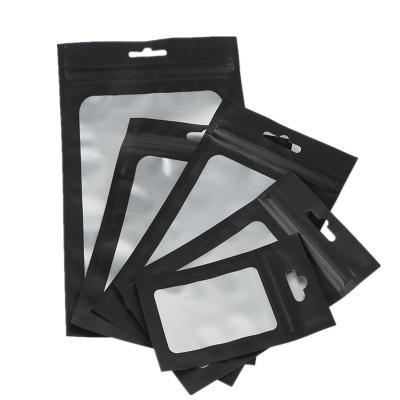 China Promotion Ready To Ship Matte Black Resealable Mylar Bags With Window And Hanger Hole for sale