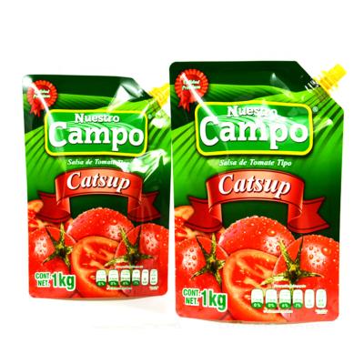 China Recyclable Custom Printed Rack Tomato Ketchup Pouches With Top Corner Spout for sale