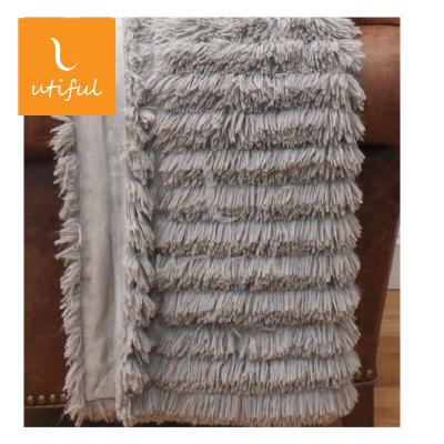 China HEATING Promotion Gray Stripe Cutting Long Solid Pile 100% Polyester PV Faux Fur Fleece Blanket for sale