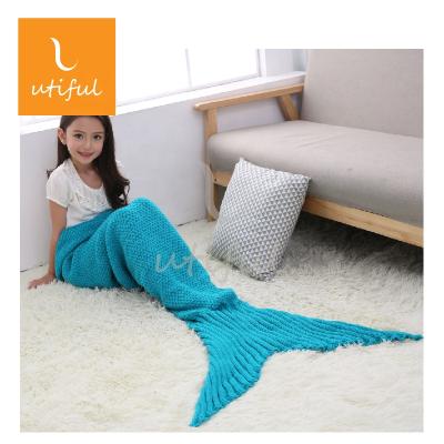 China Popular Even PASSIONATE Aqua Mermaid Tail Plain Knitted Acrylic Throw Blanket for sale