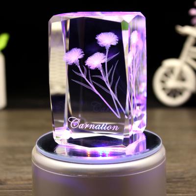 China Europe Hot Sale 3D Laser Engraving Crystal Glass Flower Cube Mother's Day Gifts for sale