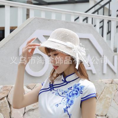 China Spring and summer luxury light bucket hat lace bow hat solid color manufacturer and fashionable short brim hat for sale