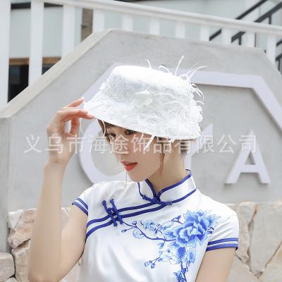 China New Luxury Republic of China Style Ostrich Hair Bucket Hat Summer Photo Banquet Hat Central Institute of Statistics Spring Hat for sale