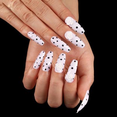 China Easy Apply New 24Pcs/box Long Coffin Shape Spots And White Roses Creative Nail Design Press On Nail Tips for sale