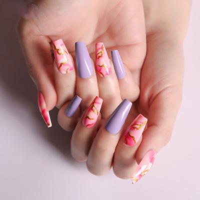 China Easy apply wholesale purple 24pcs/box mixed design nails tip coffin shape press on nails private label low moq for sale