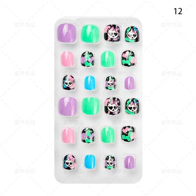 China Easy Apply 24pcs/Box Glitter Pink Press On Fake Nails For Kids Pre Glued Kids Acrylic Powder Nails for sale