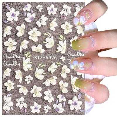 China Easy Apply 2022 New Arrival Luxury Summer Flower White Floral Camellia Decals Nail Art Decoration 5D Self Adhesive Nail Sticker for sale