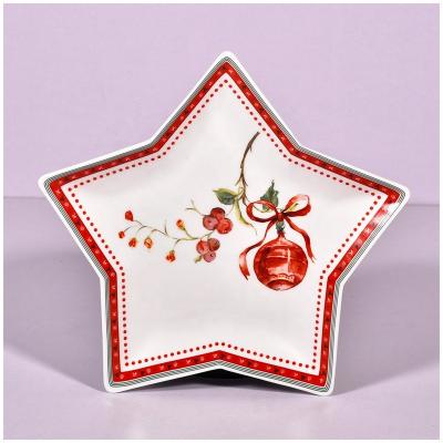 China Factory Price Sustainable Christmas Ceramic Dish In Star Shape -295mm With Full Decal Porcelain for sale