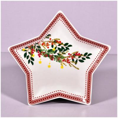 China Sustainable Design Christmas Nice Ceramic Dish In Star Shape -225mm With New Full Decal Bone China for sale