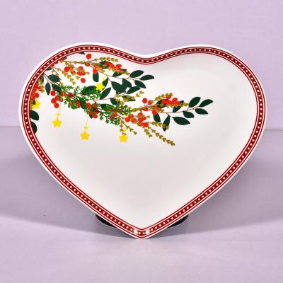 China New Viable Design Bone China Christmas Dish Nice In Heart Shape 220mm Plate Ceramic Dish Factory Pattern 220mm Or Customized Irregular for sale