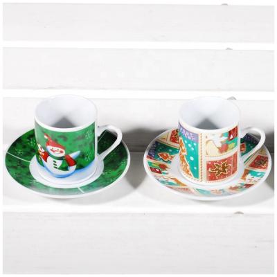 China Sustainable Ceramic Coffee Set Coffee Cups And Saucers With Christmas Decal Customize All-Season Coffee And Tea Sets Porcelain 9cl 12pcs for sale