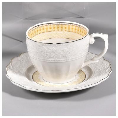 China Viable Ceramic Cup and Saucer Logo With Decal Embossed Custom Factory Price 90ml Bone China 12pcs for sale