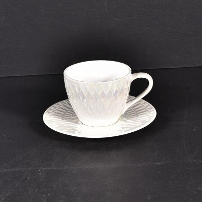 China Coffee Set Bone China Ceramic Cup And Saucer High Quality Viable Embossed Custom Logo With Color Glazed for sale