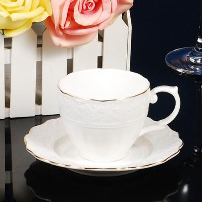 China 12pcs 200ml Factory Price Coffee Set Fine Bone China Viable Embossed Ceramic Cup And Saucer With Gold Decal Rim for sale