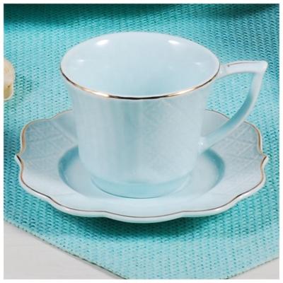 China Factory Price Viable Embossed Bone China Coffee Set Ceramic Cup And Saucer With Glaze 12pcs 200ml for sale