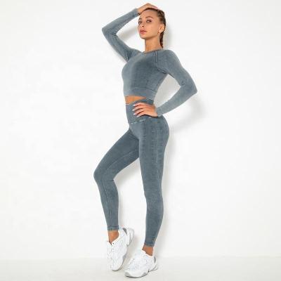 China Winter Breathable Women 2Pcs Set Yoga Sports Seamless Gym Leggings Long Sleeve Crop Top Fitness Sportswear Tracksuit for sale