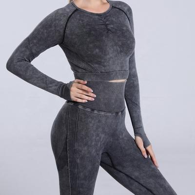 China Solid Color Breathable Seamless Long Sleeve Knitted Women Sports Clothes High Elastic Thumb Hole Waist Leggings Yoga Lifting Set for sale