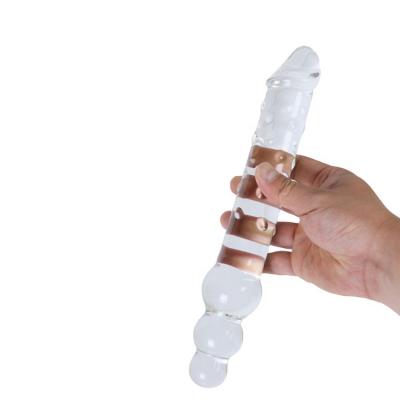 China Vagina Sex + Anal Sex Large Transparent Double Head Glass Dildo Crystal Penis Female Masturbation with 3 Big Beads Anal Plug Butt Bead Plug for sale