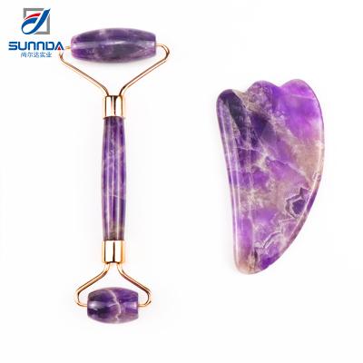 China 100% Crystalsage True and Natural Amethyst Roller Beauty Massager Guasha Board Double Rollers and Facial Roller Jade Roller Purple Stone Amethyst Roller Beauty Tools for sale