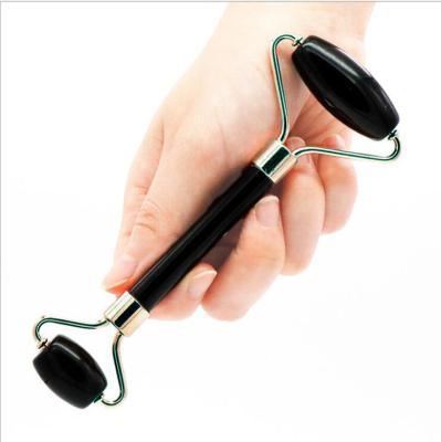 China KCONYD Factory Wholesale Natural Hand-Zinc Alloy Jade Face Roller-Black Obsidian-Straight Stents With Ear for sale