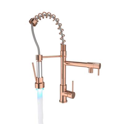 China Sense Faucets Rose Gold Kitchen Faucet LED Copper Kitchen Sink Faucet With Pull Out Single Hole Deck Mount Sprayer Handle for sale