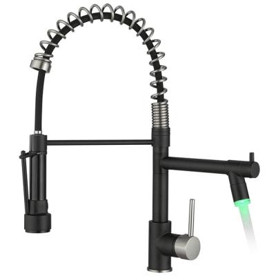 China Sense Faucets Black With LED Spring Kitchen Faucet With Single Deck Mount Pull Down Sprayer Hole Handle for sale