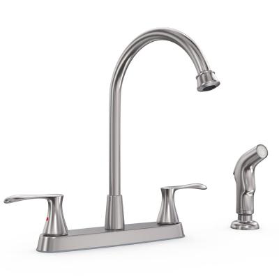 China Sense Faucets Brushed Nickel Kitchen Faucet With Side Sprayer, Two Handle High Arc 4 Holes 8 Inch Centerset Stainless Steel Kitchen Sink for sale