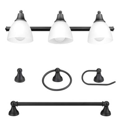 China Modern Matte Black 5-Piece All-in-One Bathroom Accessory Set with 3-Light Vanity Light Frosted Glass Shade for sale