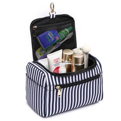 China O001 Fashion Canvas Custom Portable Unisex Stripe Travel Wash Bag Organizer Cosmetic Toiletry Bag With Hanging Hook for sale